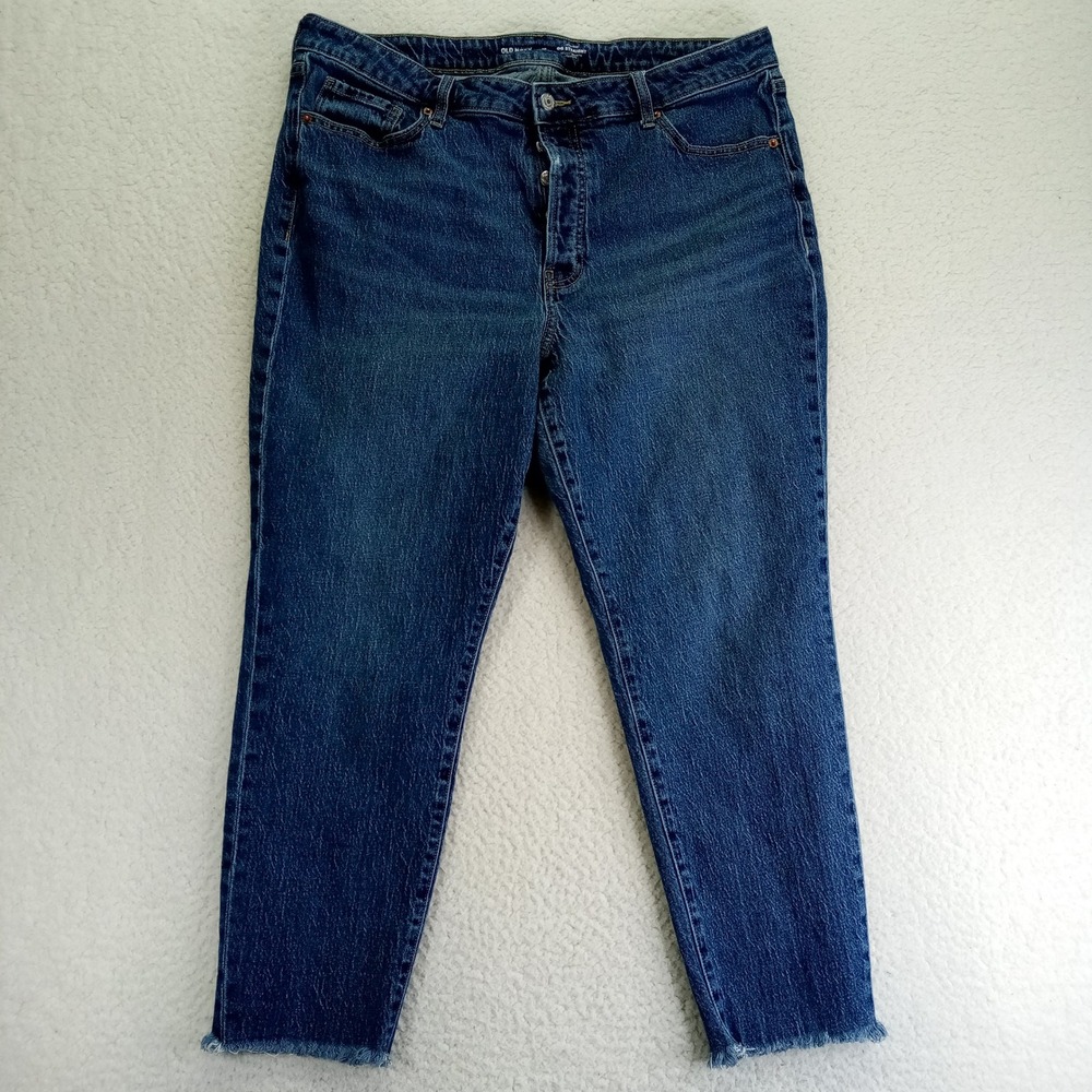 Old Navy OG Straight High Rise Jeans Blue Medium Wash Raw Hem Womens 18 1166